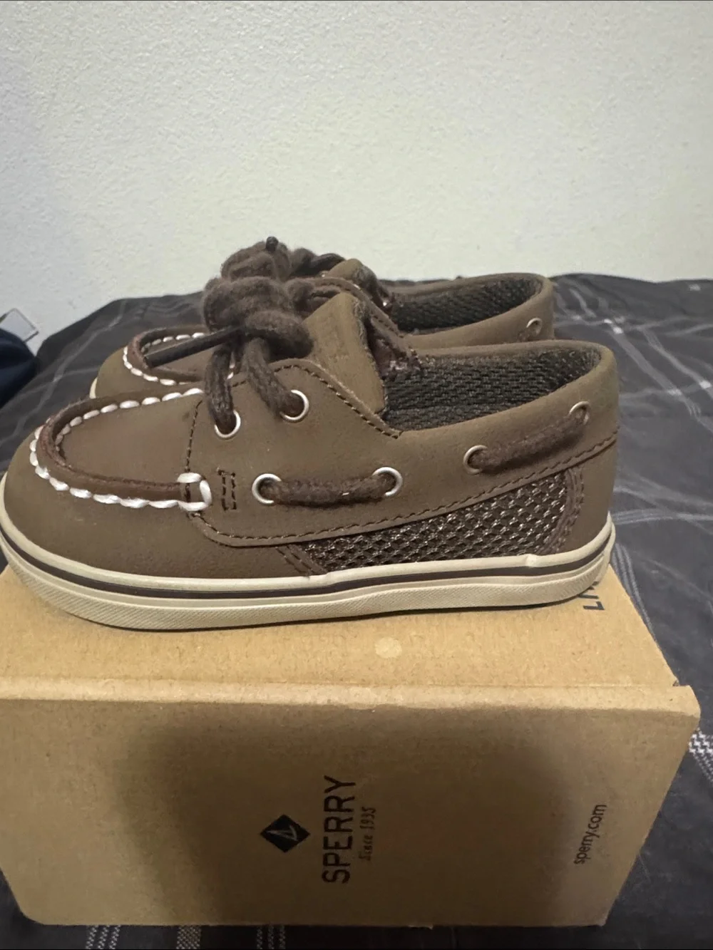 Sperry Kids Brown Moccasin Boat Shoes with White Stitching